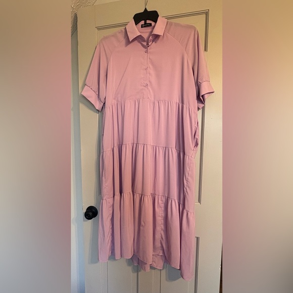 PrettyGarden Lavender Tiered Midi Dress Size L Button Front Short Sleeve - Picture 2 of 6